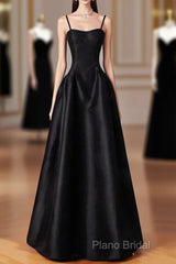 Black Spaghetti Strap Satin Long Formal Prom Dresses, Black A-Line Formal Dresses