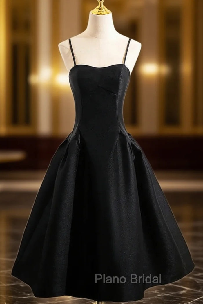 Black Spaghetti Strap Satin Formal Prom Dresses