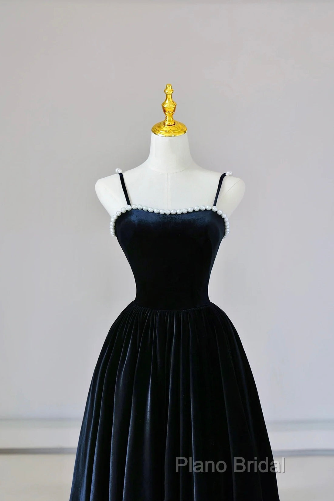 Black Spaghetti Strap Velvet Long Formal Prom Dresses With Pearls, A-Line Formal Dresses Party Dresses Secondary image