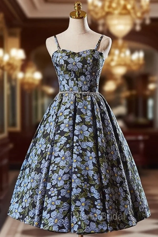 Black Spaghetti Straps Flower Print Homecoming Dresses