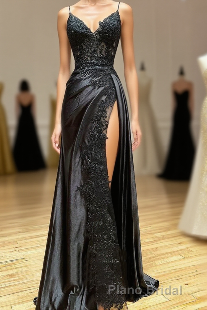 Black Spaghetti Straps Lace Appliques Formal Prom Dresses with Slit Main image