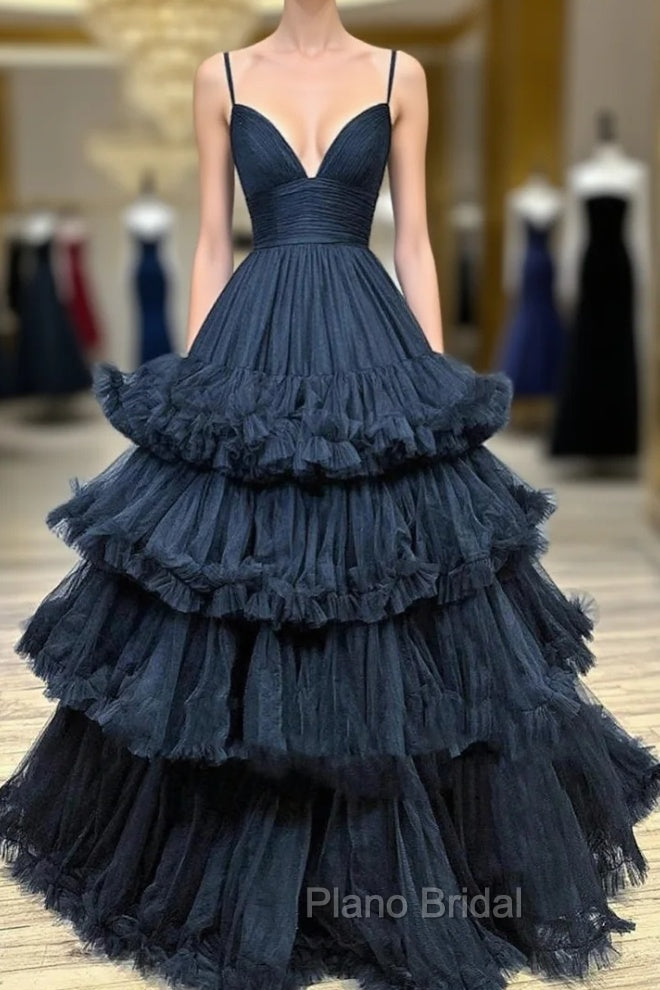 Black Spaghetti Straps Pleats Formal Prom Dresses Main image