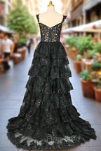 Black Sparkly Corset Formal Prom Dresses Off The Shoulder Tiered A-Line Sweetheart Neck Tulle Lace Evening Dresses
