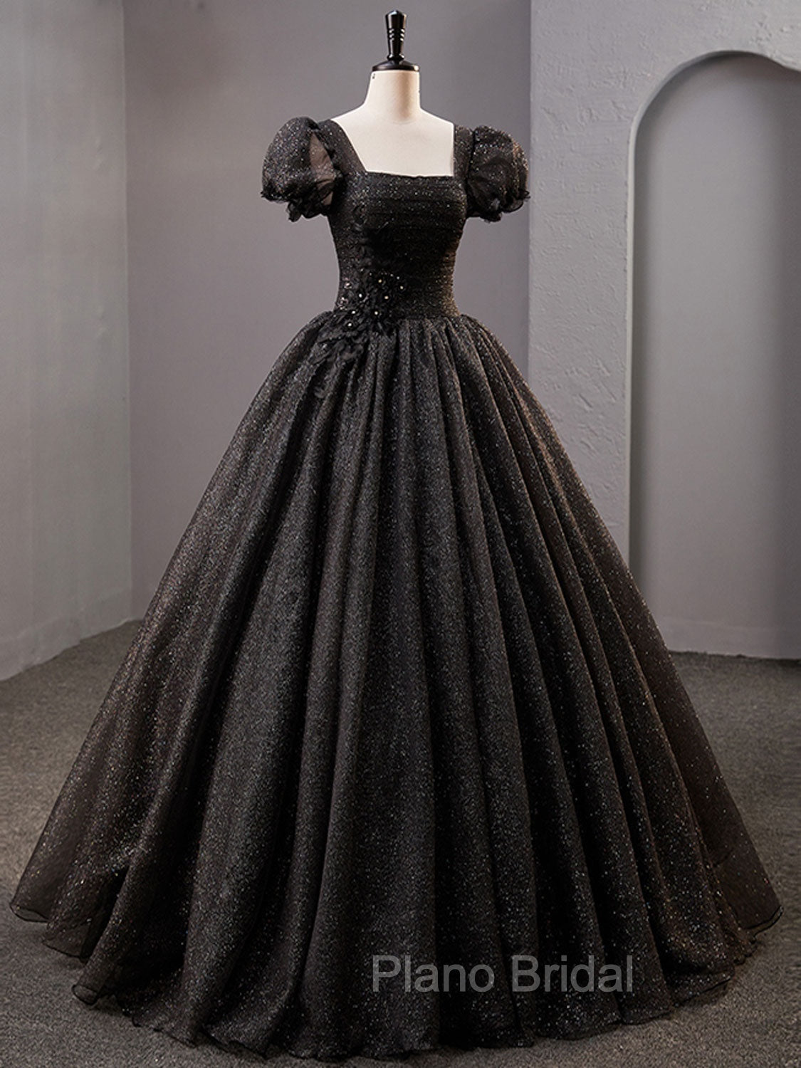 Black Square Neckline Tulle Long Formal Prom Dresses, Shiny Tulle Black Evening Dresses Secondary image