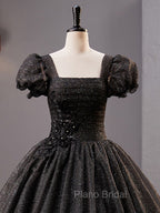 Black Square Neckline Tulle Long Formal Prom Dresses, Shiny Tulle Black Evening Dresses