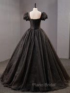 Black Square Neckline Tulle Long Formal Prom Dresses, Shiny Tulle Black Evening Dresses