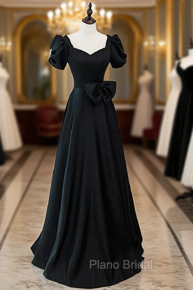 Black Square Puff Sleeve Beading Formal Prom Dresses
