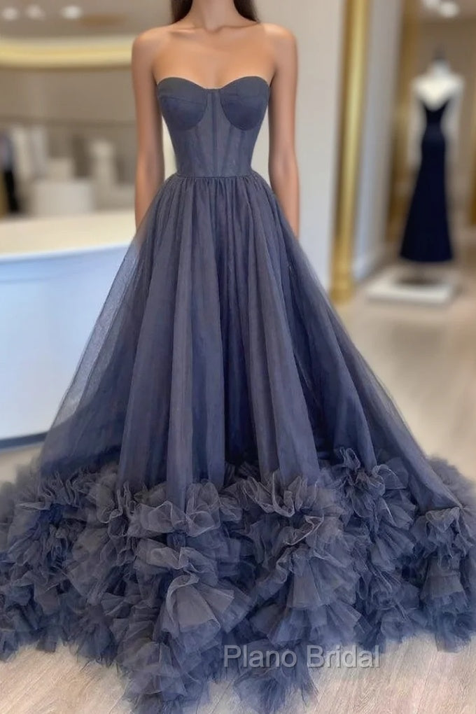 Black Strapless Long Formal Prom Dresses with Ruffle Skirt