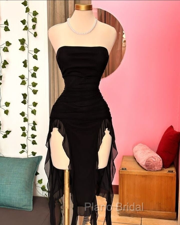 Black Strapless Midi Length Ruffle Formal Prom Dresses Sexy Evening Dresses Secondary image