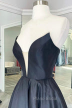 Black Strapless Satin Long Formal Prom Dresses, Black A-Line Evening Dresses