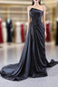 Black Strapless Satin Pleats Beading Formal Prom Dresses