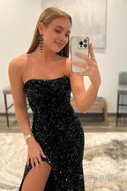 Black Strapless Sequins Prom Dress with Slit Formal Evening Dresses