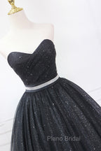 Black Strapless Shiny Tulle Tea Length Formal Prom Dresses, Black A-Line Homecoming Dresses