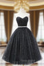 Black Strapless Shiny Tulle Tea Length Formal Prom Dresses, Black A-Line Homecoming Dresses