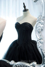 Black Strapless Tulle Long A-Line Formal Prom Dresses, Black Formal Evening Gown