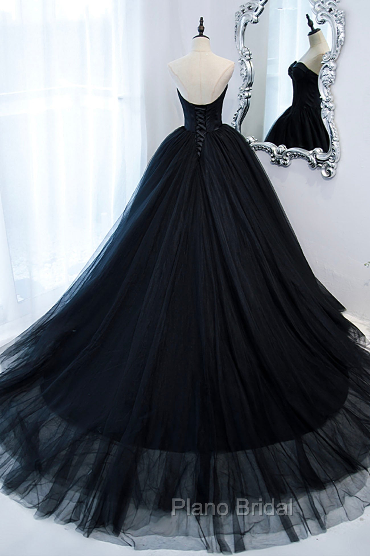 Black Strapless Tulle Long A-Line Formal Prom Dresses, Black Formal Evening Gown