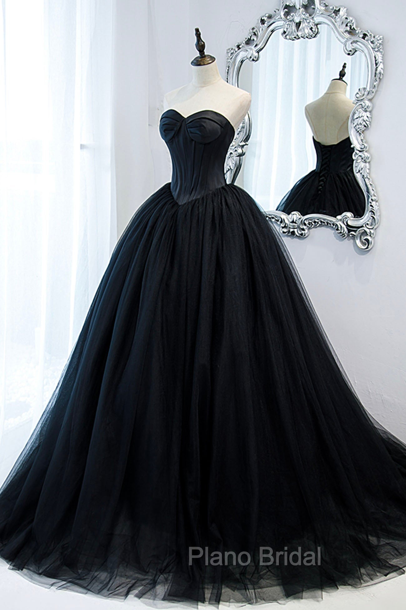 Black Strapless Tulle Long A-Line Formal Prom Dresses, Black Formal Evening Gown Main image