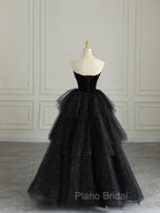 Black Strapless Layered Velvet Tulle Long Formal Prom Dresses Evening Dresses