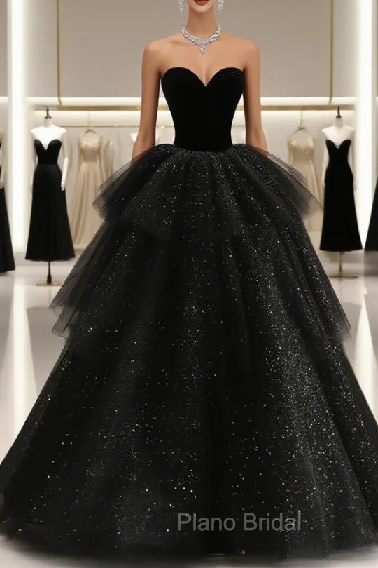 Black Strapless Layered Velvet Tulle Long Formal Prom Dresses Evening Dresses Main image