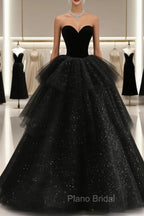 Black Strapless Layered Velvet Tulle Long Formal Prom Dresses Evening Dresses