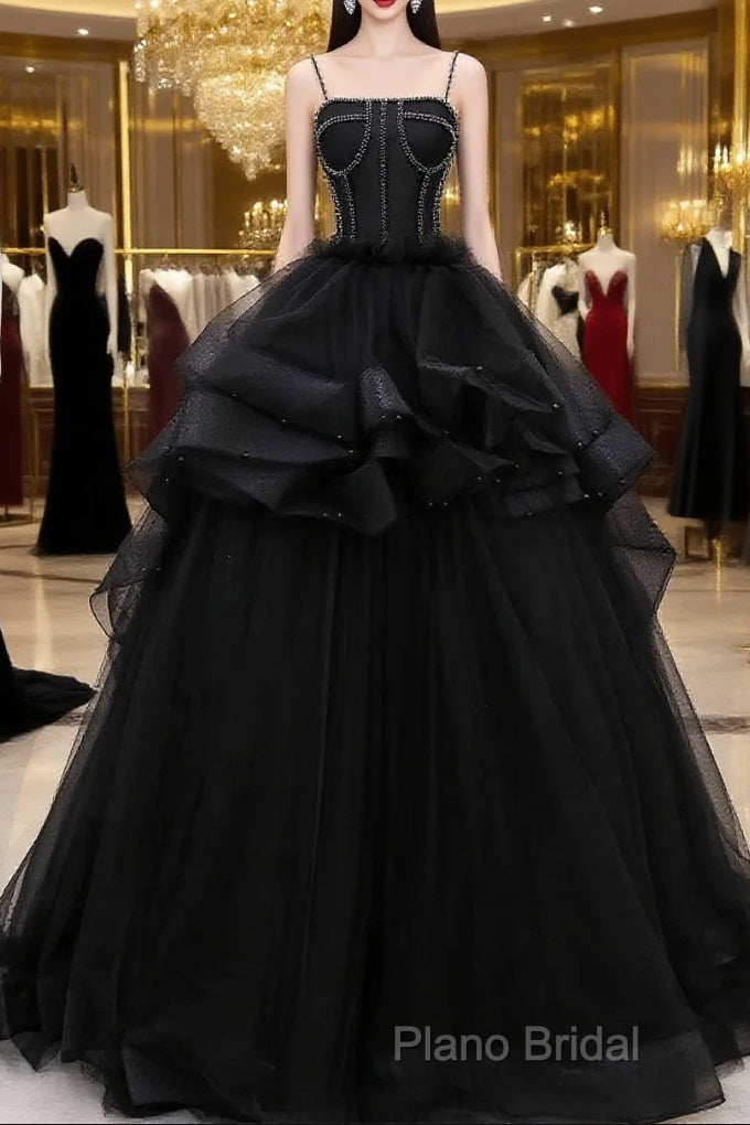 Black Straps Beaded Scoop Tulle Long Formal Dresses, Black Tulle Sweet 16 Dresses Main image
