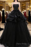 Black Straps Beaded Scoop Tulle Long Formal Dresses, Black Tulle Sweet 16 Dresses