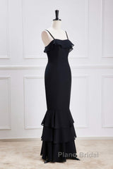 Black Straps Ruffle Multi-Layer Chiffon Maxi Dresses