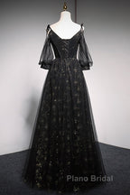 Black Straps Tulle Long Party Dresses With Sleeves Evening Dresses, Black A-Line Formal Prom Dresses Party Dresses