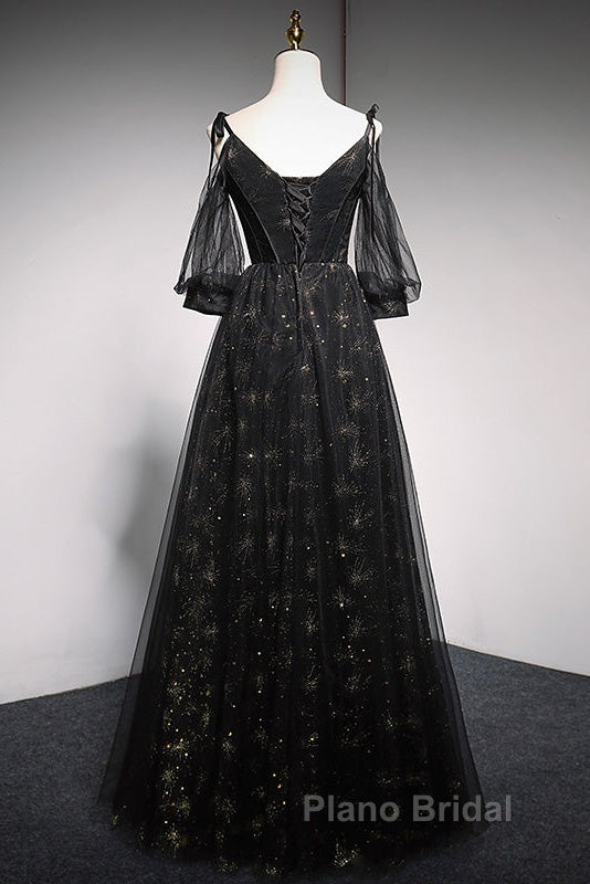 Black Straps Tulle Long Party Dresses With Sleeves Evening Dresses, Black A-Line Formal Prom Dresses Party Dresses