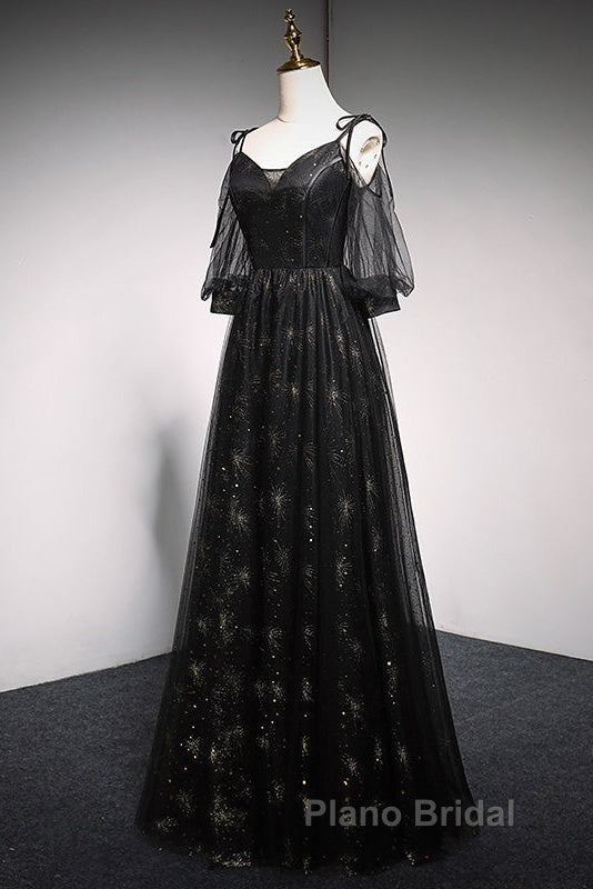 Black Straps Tulle Long Party Dresses With Sleeves Evening Dresses, Black A-Line Formal Prom Dresses Party Dresses