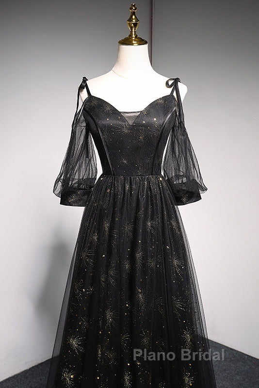 Black Straps Tulle Long Party Dresses With Sleeves Evening Dresses, Black A-Line Formal Prom Dresses Party Dresses