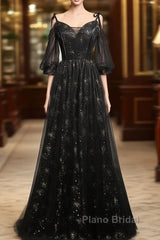 Black Straps Tulle Long Party Dresses With Sleeves Evening Dresses, Black A-Line Formal Prom Dresses Party Dresses