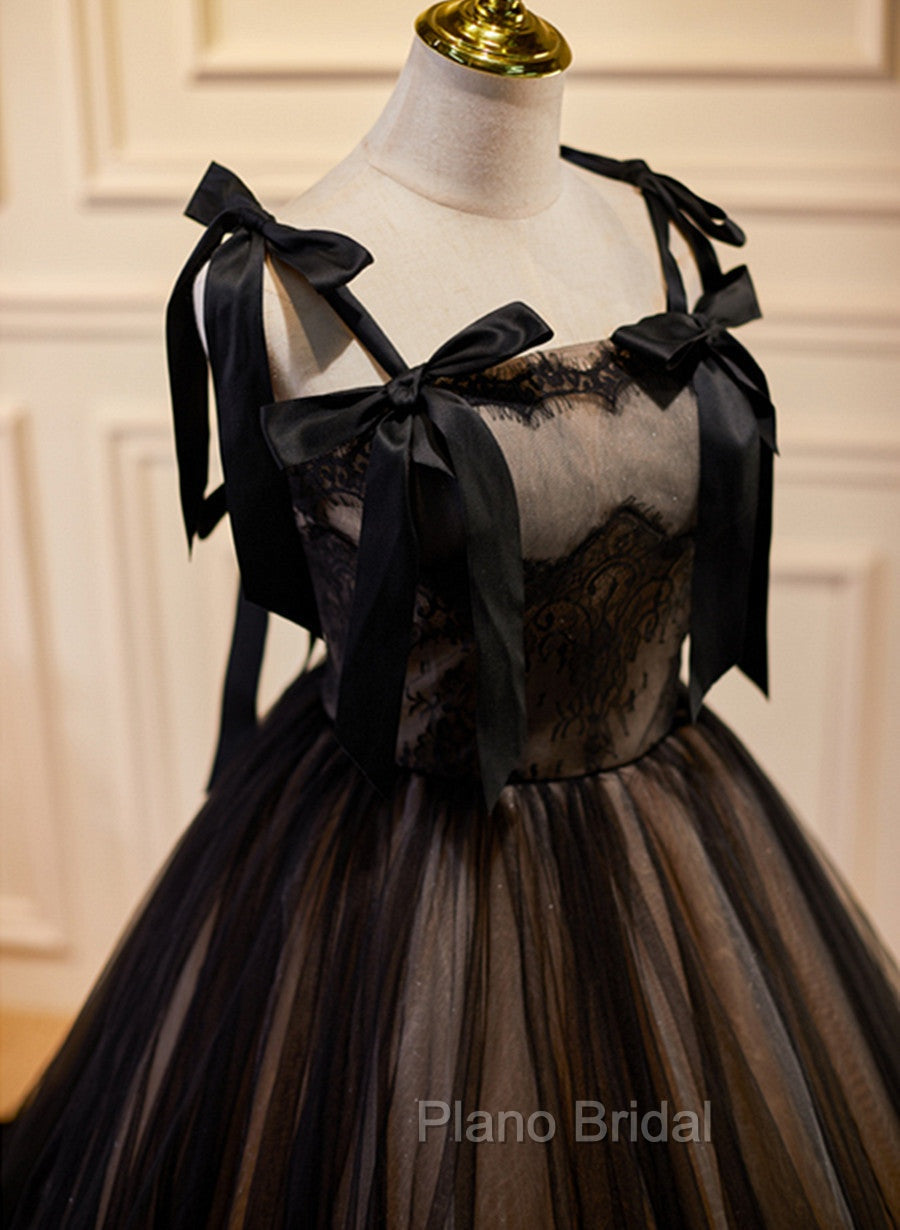 Black Straps Tulle with Lace Long Formal Dresses, Black A-line Formal Prom Dresses Secondary image