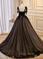 Black Straps Tulle with Lace Long Formal Dresses, Black A-line Formal Prom Dresses