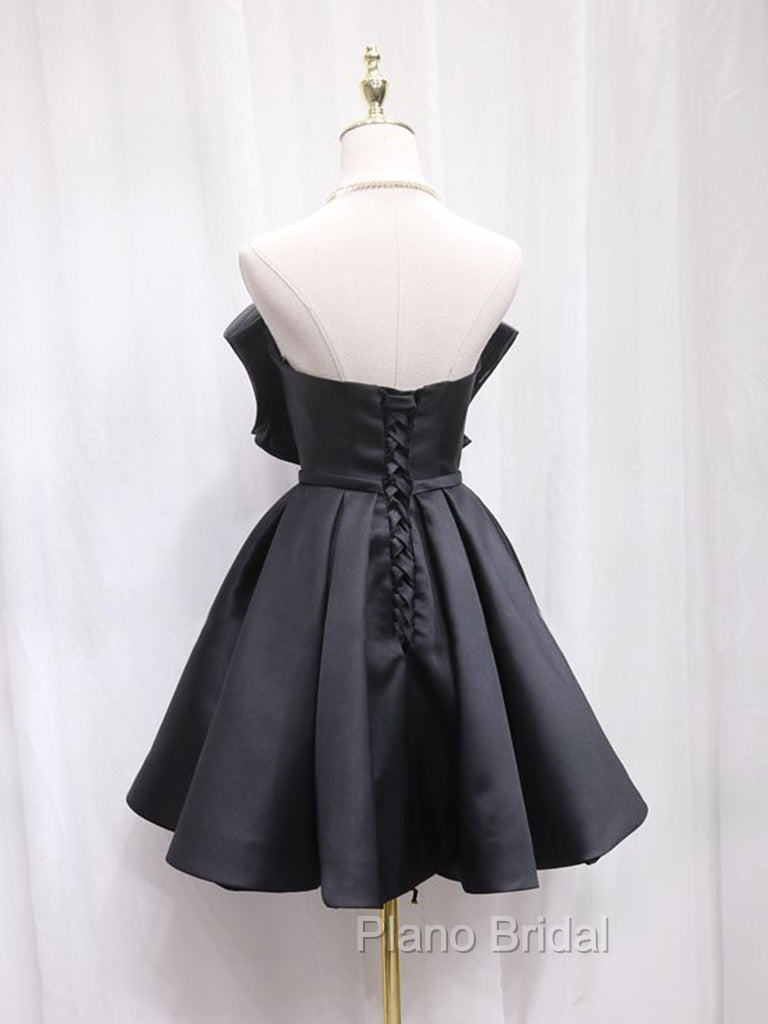 Black Sweetheart Neck Satin Short Formal Prom Dresses, Black Homecoming Dresses Secondary image