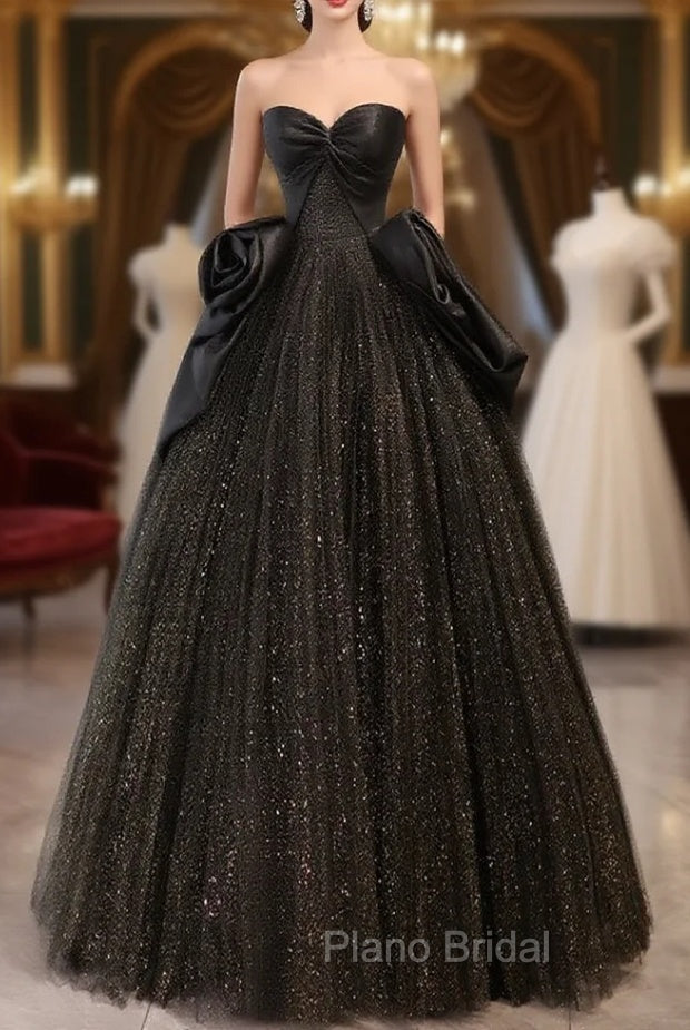 Black Sweetheart Neck Satin Tulle Long Formal Prom Dresses, Black Long Formal Dresses