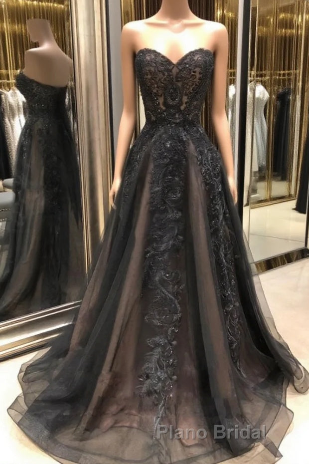 Black sweetheart neck tulle lace long Formal Prom dress, black evening dress Main image