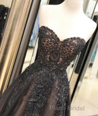 Black sweetheart neck tulle lace long Formal Prom dress, black evening dress