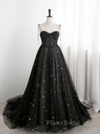 Black Sweetheart Neck Tulle Long Formal Prom Dresses A Line Black Evening Dresses