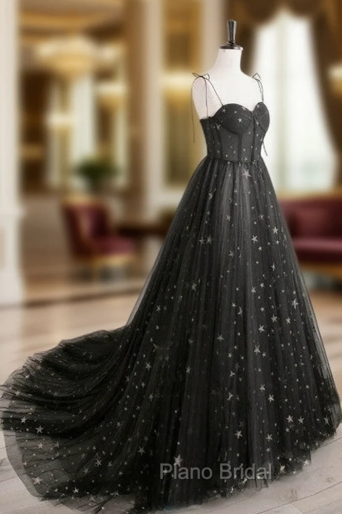 Black Sweetheart Neck Tulle Long Formal Prom Dresses A Line Black Evening Dresses