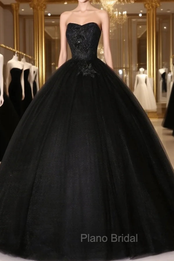 Black Sweetheart Neck Tulle Long Formal Prom Dresses Black Evening Dresses