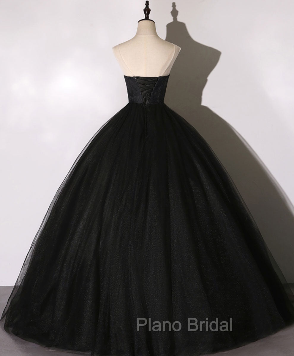 Black Sweetheart Neck Tulle Long Formal Prom Dresses Black Evening Dresses