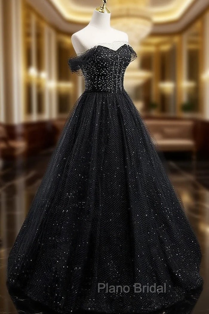 Black Sweetheart Off Shoulder Tulle Long Formal Prom Dresses, Black Evening Dresses Main image