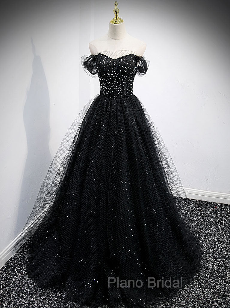 Black Sweetheart Off Shoulder Tulle Long Formal Prom Dresses, Black Evening Dresses Secondary image