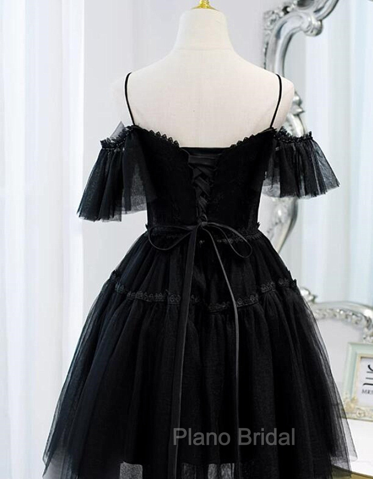Black Sweetheart Straps Tulle Homecoming Dresses, Black Off Shoulder Formal Prom Dresses