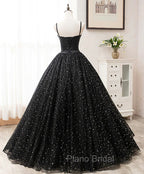 Black Sweetheart Straps Tulle Long Evening Gown, Sleeveless Floor-Length Formal Prom Dresses