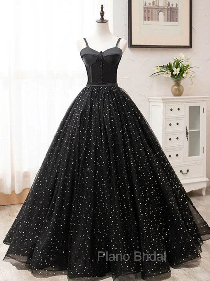 Black Sweetheart Straps Tulle Long Evening Gown, Sleeveless Floor-Length Formal Prom Dresses Main image
