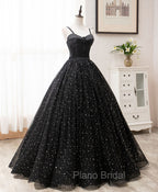 Black Sweetheart Tulle Long Formal Prom Dresses, Black Formal Sweet 16 Dresses