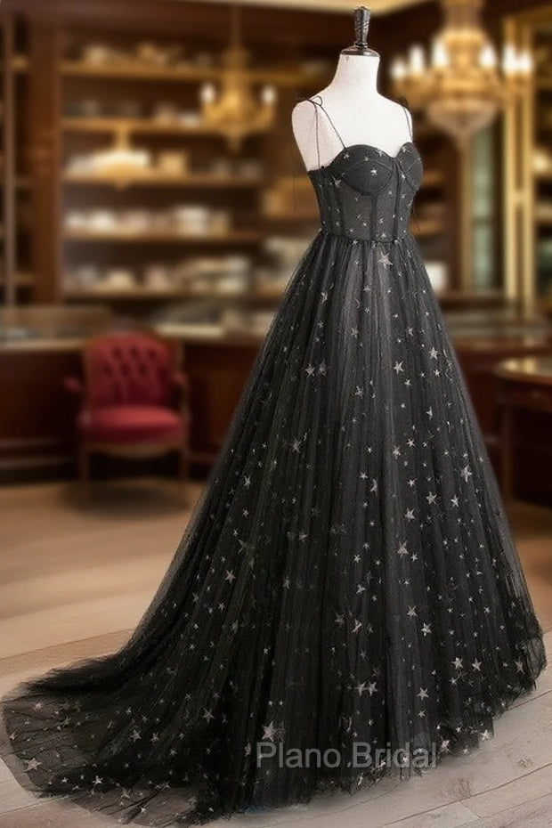 Black Sweetheart Tulle Straps Long Formal Dresses, Black Evening Party Dresses Secondary image