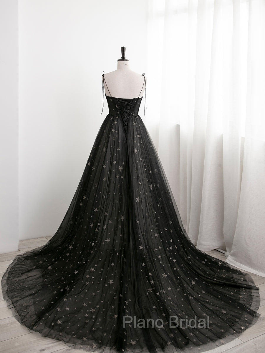 Black Sweetheart Tulle Straps Long Formal Dresses, Black Evening Party Dresses